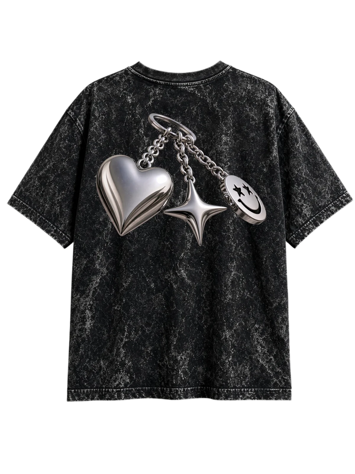 Acid-wash tee with chrome heart, sparkle, and smile keychain