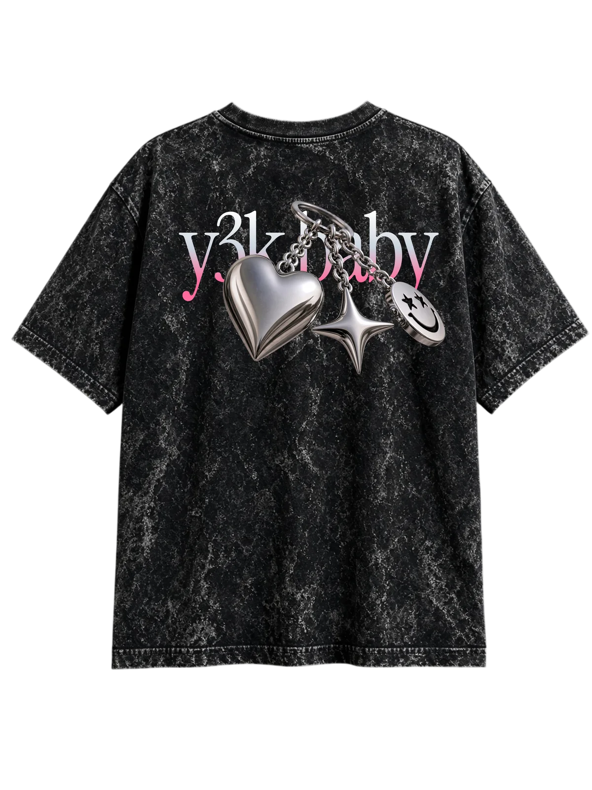 Acid-wash tee with chrome jangles over the y3k.baby word